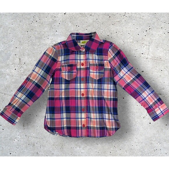 Crazy 8 Girls Shirt Button Up Roll Tab Long Sleeve Pink & Blue Size Small (5-6) - Picture 1 of 10